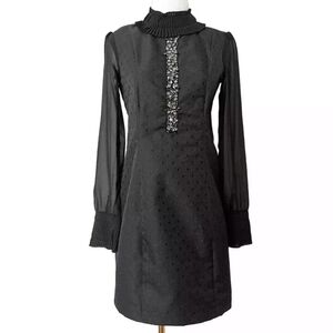 Metisu High Neck Gemstone Glam Sheer Sleeves Black Dress sz M